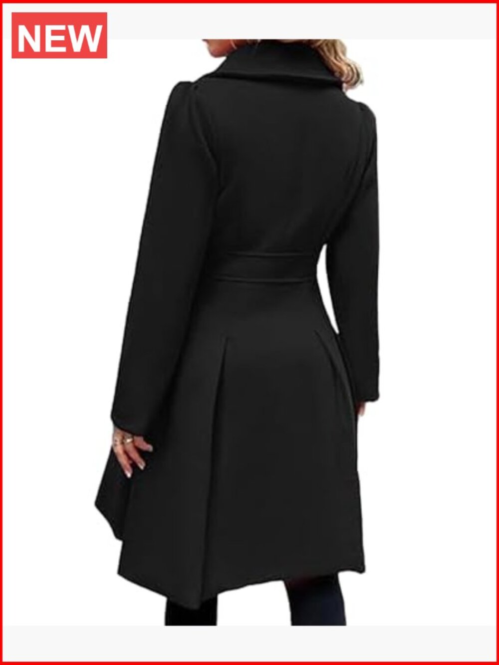 Double Breasted Trench Coat Notch Lapel A-Line Flared Pleated Wool Blend Pea - Picture 4 of 5